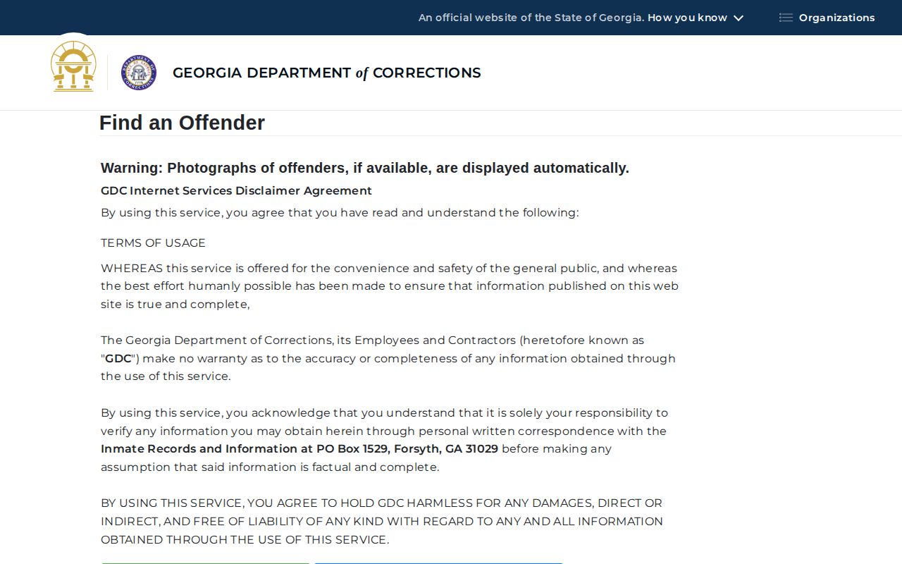 Georgia Department of Corrections offender query form used for released state offenders